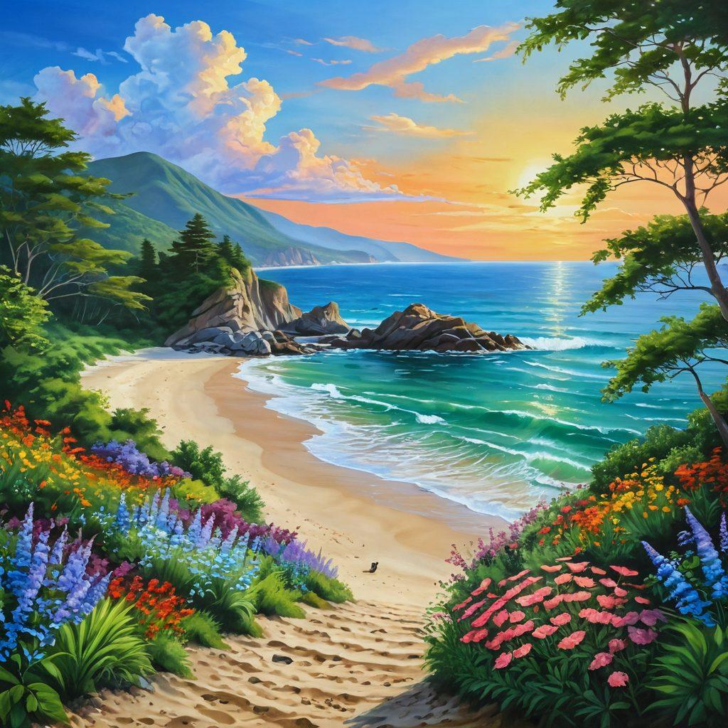 A serene landscape blending a tranquil beach shore with lush green mountains in the background, showcasing a diverse range of flora representing New Jersey's natural beauty. Include elements like a peaceful pathway winding through a vibrant garden filled with flowers and butterflies, and a person practicing yoga on the beach, embodying well-being and satisfaction. The sky should be bright and inviting, enhancing the overall sense of tranquility. painting. vibrant colors.