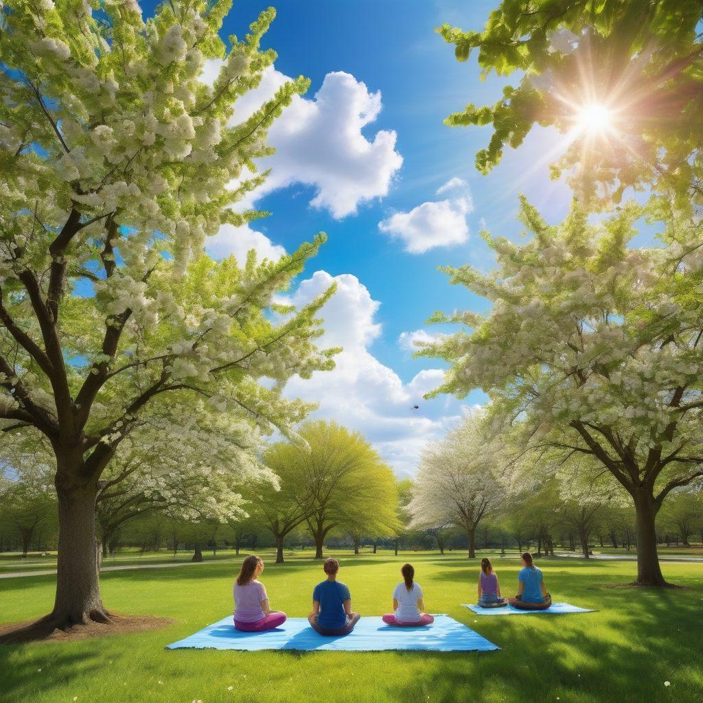 A serene landscape of New Jersey featuring lush green parks, happy families enjoying a picnic, and individuals practicing yoga under blossoming cherry trees. The sky is bright blue with fluffy white clouds and sun rays shining down, symbolizing joy and positivity. Include elements like colorful flowers and birds in flight to enhance the theme of happiness and well-being. super-realistic. vibrant colors.