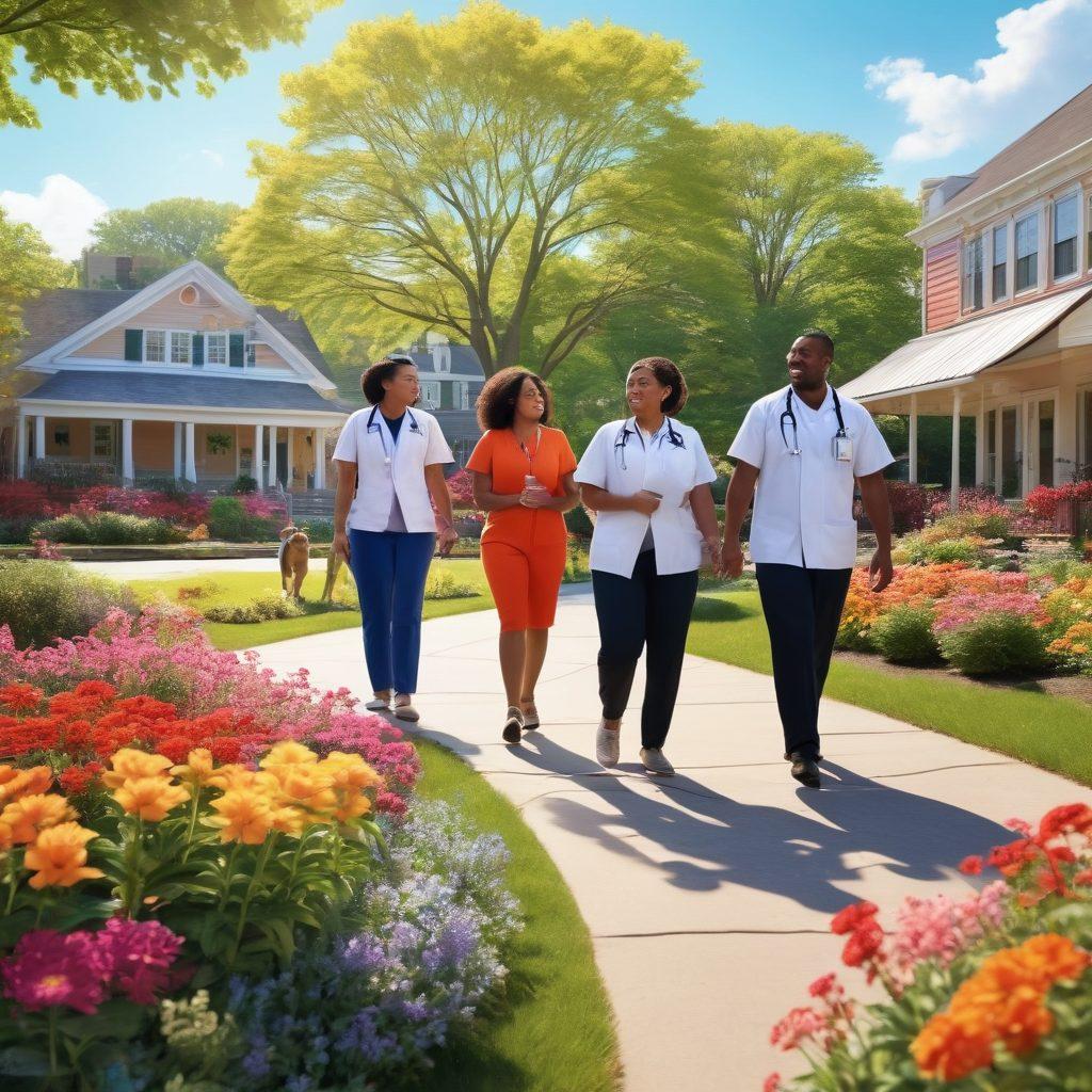 A bright, cheerful scene depicting a diverse group of people walking through a park in New Jersey, happily engaging with healthcare professionals giving advice. Include vibrant flowers, a sunny sky, and a backdrop of iconic New Jersey architecture. Prioritize warmth and positivity, showcasing the concept of health and community. super-realistic. vibrant colors. 3D.